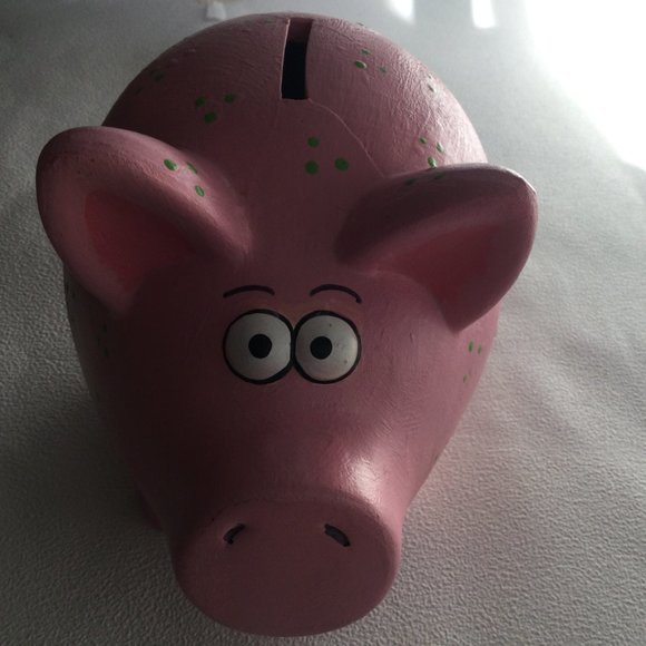 Big ceramic piggy bank figurine decoration pink with green dots - Picture 6 of 6